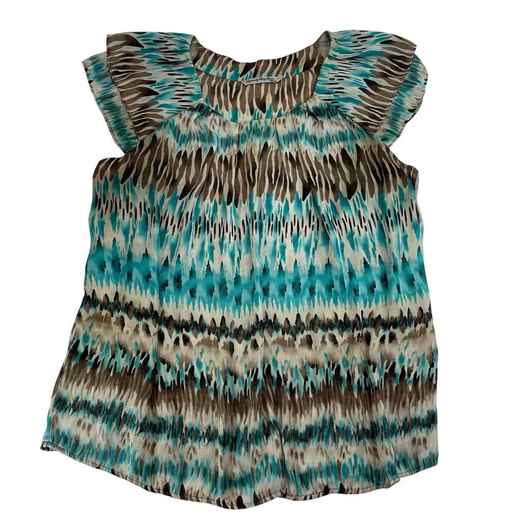 Signature by Larry Levine Woman 2X Blouse Teal Brown Abstract Flutter Sleeve